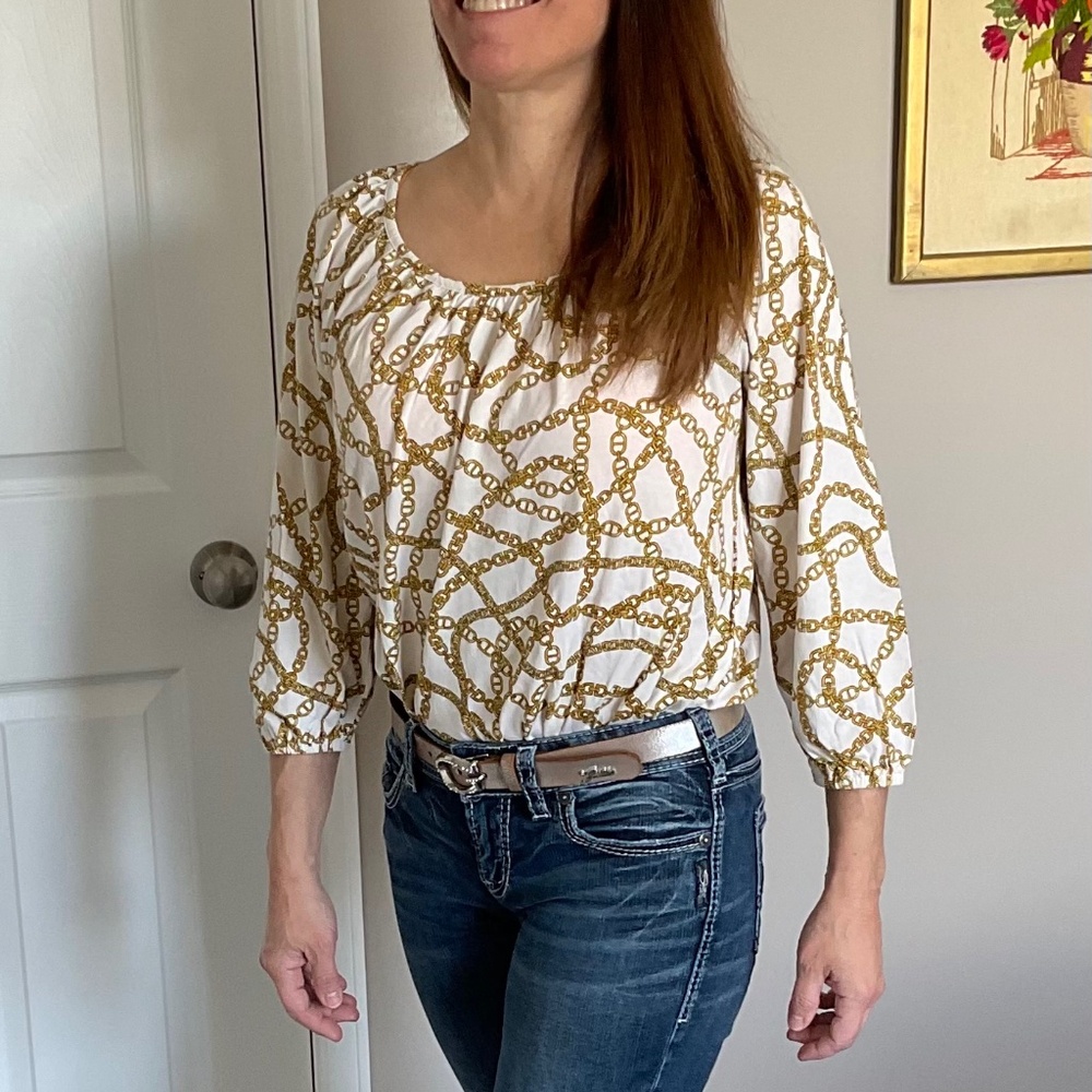 Michael Kors Cotton-Blend Golden Chain-Link Print Pleated Top 3/4 Sleeves